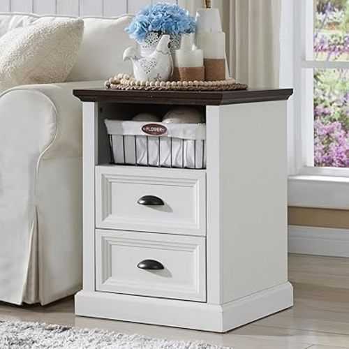 21" Tall Nightstand with Charging Station, Farmhouse 18" Wide End Table with 2 Storage Drawers, Wood Rustic Side Table w/Open Shelf for Bedroom, Living Room, Closet, White