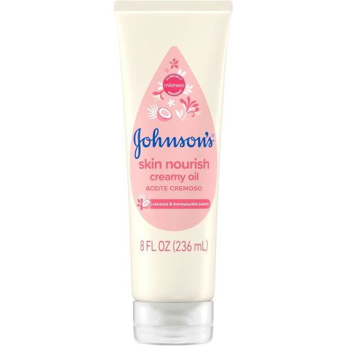 Johnson's Skin Nourish Creamy Baby Oil for Dry Skin with Coconut & Honeysuckle Scent, Rich & Creamy Baby Body Oil Moisturizes for 24 Hours & Helps Prevent Dryness, Hypoallergenic, 8 fl. oz