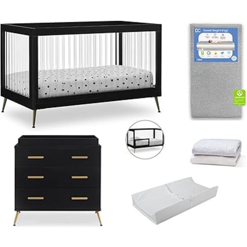Delta Children Sloane Crib 7-Piece Baby Nursery Furniture Set–Includes: Convertible Crib, Dresser, Changing Top, Crib Mattress, Fitted Sheets, Toddler Guardrail & Changing Pad, Black w/Melted Bronze