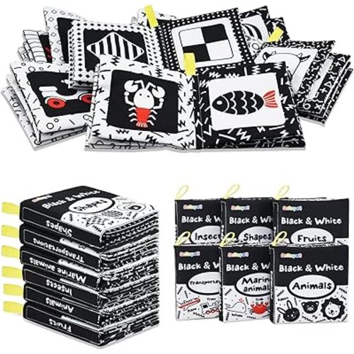 Dr.Rapeti Soft Cloth Books Baby Books Bath Books 6-Pack for Baby Infant Toddler Kids High Contrast Black and White Crinkle Washable Chewable Non-Toxic Early Educational Giftable