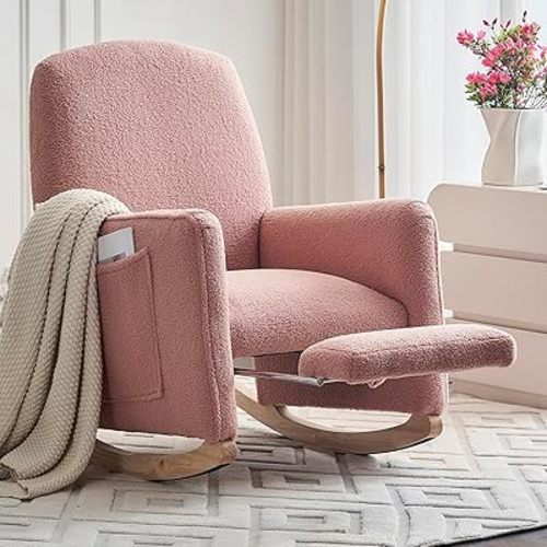 Modern Rocking Chair Nursery, Comfy Glider Nursery Chair with Foot Rest, Upholstered Rocker with Pocket, Accent Reading Armchair with Solid Wood Base for Living Room, Bedroom, Lounge Room (Pink)