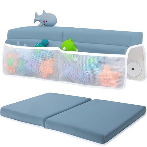 Baby Bath Kneeler and Elbow Rest Pad Set - Baby Bath Support for Knees and Elbows - Bath Kneeler Pad with Memory Foam and Bath Toys Organizer - Ideal Bath Kneeling Pad for Bathing Baby - Blue