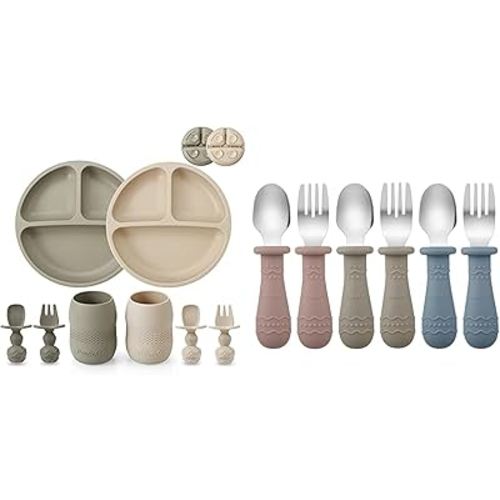 PandaEar Silicone Baby Feeding Set & Toddler Utensils (Blue/Brown/Red)