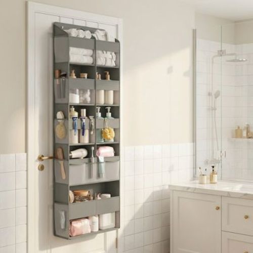LEDREM Over-the-Door Hanging Storage Organizer, 9-Compartment Foldable Shelf with Metal Hooks, Transparent Mesh, for Closet Bathroom, Dove Gray