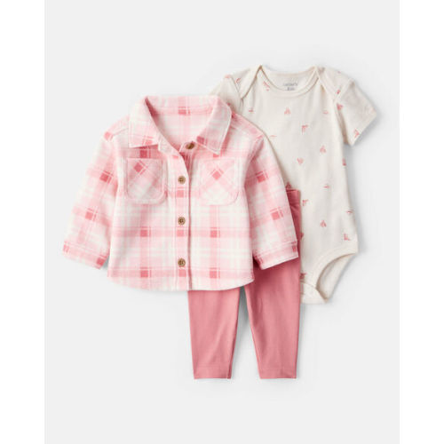 Baby Girl 3-Piece Plaid Print Fleece Jacket, Bodysuit & Pant Set - Pink - Carter's | Carter's