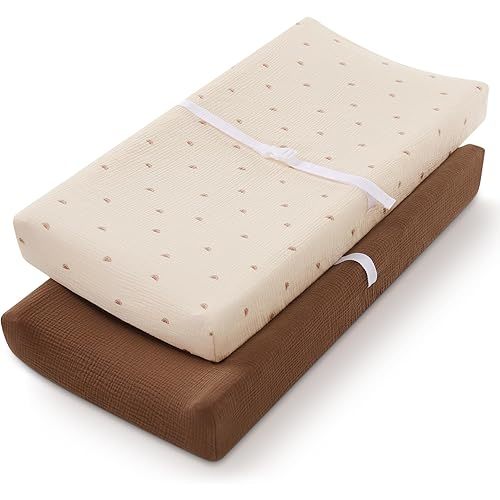 Blissful Diary Muslin Changing Pad Cover for Girls Boys, Ultra Soft Breathable Cotton, Baby Diaper Change Table Pad Covers, 2Pack (Sunshine & Brown)