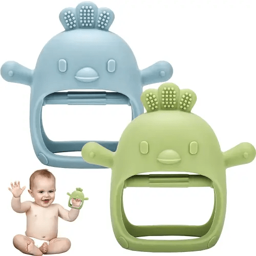 Baby Teething Toys, 2 Pack Teether for Baby, Silicone Mitten Glove Teether for Sucking Needs, Baby Teethers Toys 0-3-6-12 Months, Hand Pacifier Chew Toys for Teething Pain Relief (Blue/Green)