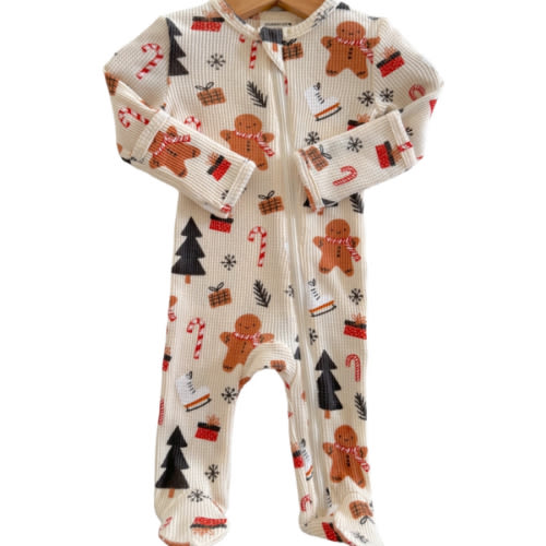 Organic Waffle Basic Zip Footie, Gingerbread Wonderland Snow – SpearmintLOVE