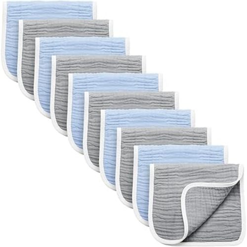 Synrroe Burp Cloths Large, Muslin Burp Cloths for Baby Girls and Boys, Pack of 10 Extra Absorbent and Soft Muslin Bibs, 6 Layers 20 by 10 Inches 100% Cotton (Blue-Grey 10 Pack)
