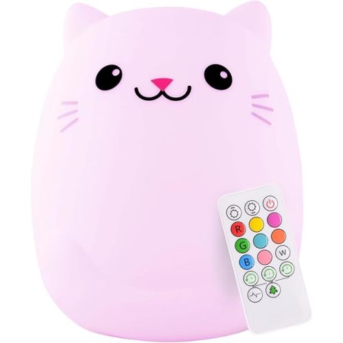 Lumipets Clive The Cat Squishy Silicone Night Light for Kids | Cute Night Light with Remote & Touch Control for Baby & Toddler Bedrooms | Color Changing Portable Animal Nightlight | Kids Mood Lamp