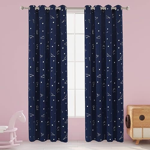 LORDTEX Dinosaur and Star Foil Print Blackout Curtains for Kids Room - Thermal Insulated Curtains Noise Reducing Window Drapes for Boys and Girls Bedroom, 52 x 95 Inch, Navy, Set of 2 Panels