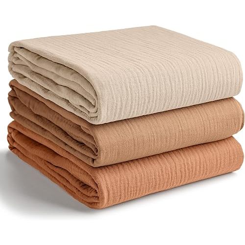 Comfy Cubs Muslin Swaddle Blankets Pack of 3, 42 x 42 Inch Soft 100% Cotton Baby Blanket Set, Large Wraps for Newborns - Self-Soothing Swaddles for Newborns - Sand, Cedar, Caramel
