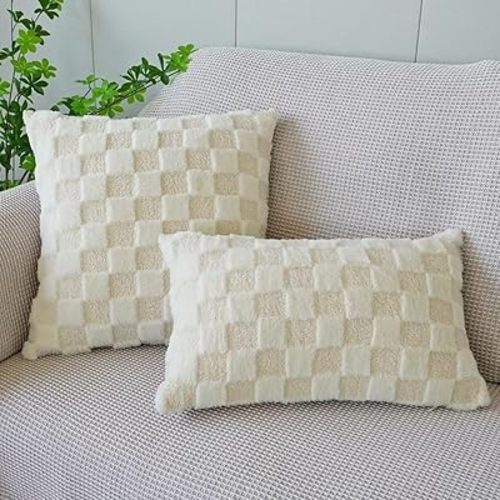 Pack of 2 Soft Plush Faux Fur Throw Pillow Covers 18x18 Farmhouse Decorative Checkered Jacquard Pillow Covers for Couch Sofa Holiday Spring Home Decor Ivory x2