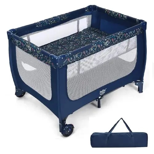 BABY JOY Portable Playard with Bassinet, Double Layer Foldable Baby Playpen with Breathable Mattress, Lightweight Easy Set up Baby Crib with Carry Bag, Foldable Travel Crib from Newborn to Toddlers