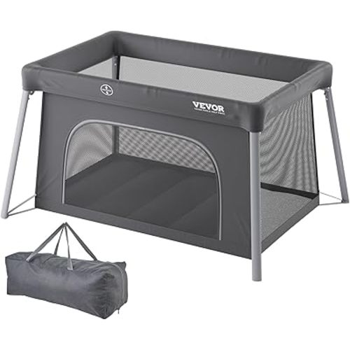 VEVOR Baby Travel Crib and Play Yard, Folding Baby Playpen with Zipper Gate & Soft Mattress, Portable Toddler Crib with Breathable Mesh, Travel Bag, Indoor/Outdoor Kids Activity Center for 0-36 Months