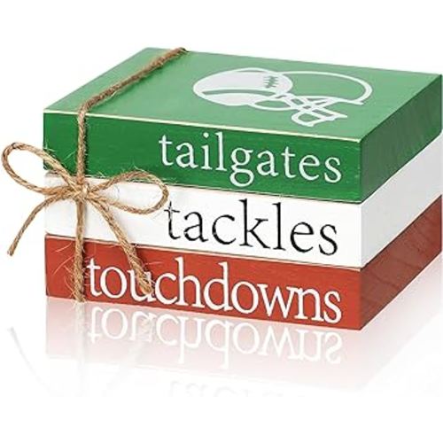 Football Book Stacks with Wooden Football Ornament It's Football Season Tailgates Tackles Touchdowns Decorative Wood Faux Books Farmhouse Rustic Tiered Tray Decorations (Tailgates Tackles Touchdowns)