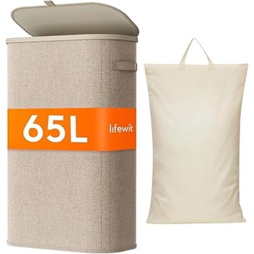 Lifewit 65L Slim Laundry Basket with Lid, Narrow Large Laundry Hamper with Plastic Handles and Removable Bag, Tall Foldable Dirty Clothes Hampers for Laundry Room, Bedroom, Bathroom, Dorm, Beige