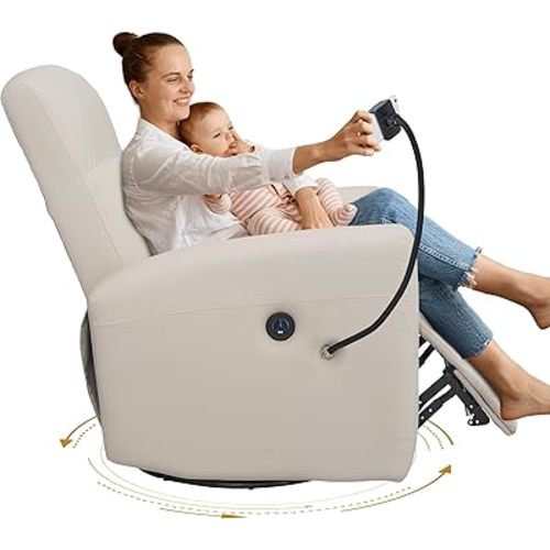 Power Swivel Glider Chair Nursery, Swivel Rocker Recliner with USB Ports, Rocking Chair with Microfiber Leather, Waterproof, Living Room, Nursery - Beige