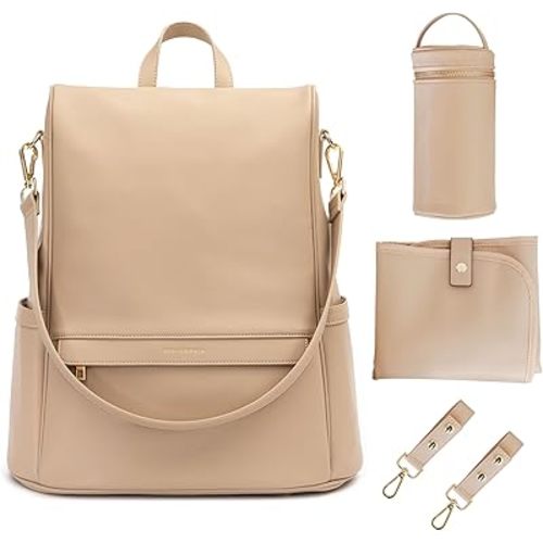 Leather Diaper Bag Backpack with USB Charging port, Changing Pad, Stroller Straps, and Bottle Holder (Beige Mia)