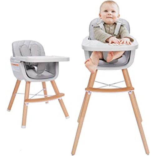 3-in-1 Convertible Wooden High Chair,Baby High Chair with Adjustable Legs & Dishwasher Safe Tray, Made of Sleek Hardwood & Premium Leatherette, Gray Color