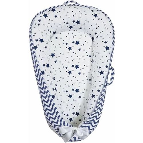 Baby Nest, Baby Lounger, Organic Cotton Lounger for Baby, Reversible Breathable Adjustable Portable - Star Collection (Blue)
