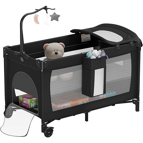 Large Pack and Play, Baby Bed Portable Crib with Diaper Changing Table Mattress Hanging Toys & Decor, Travel Bassinet Bedside Sleeper Playard from Newborn to Toddlers