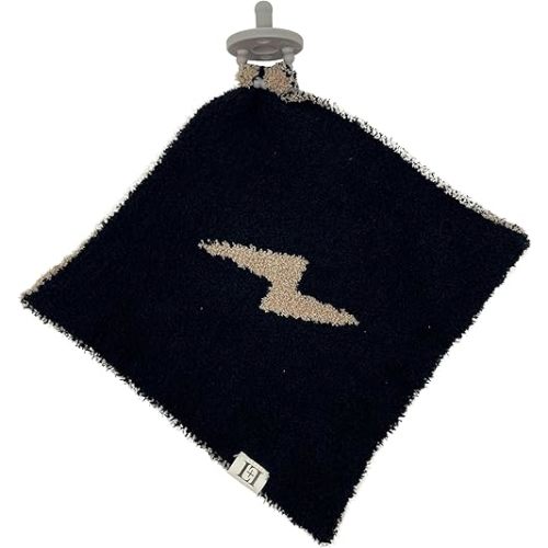 Lightning Bolt Baby Lovey Pacifier Holder 10"x10" - Cuddly Soft Knitted Soothie Reversible Mini Comfort Security Blanket - Snuggle Newborn Gift Essential for Babies Boys and Girls (Black/Brown)