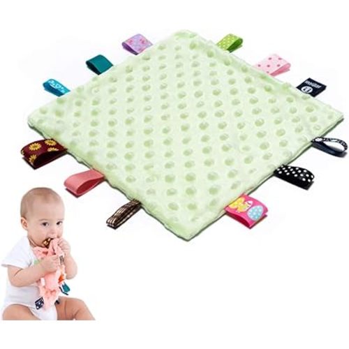Baby Tags Security Blankets - Baby Soothing Plush Blanket with Colorful Tags, 10"x10" Square Sensory Toys, for 3 Months+ Babies Boys and Girls (Green)