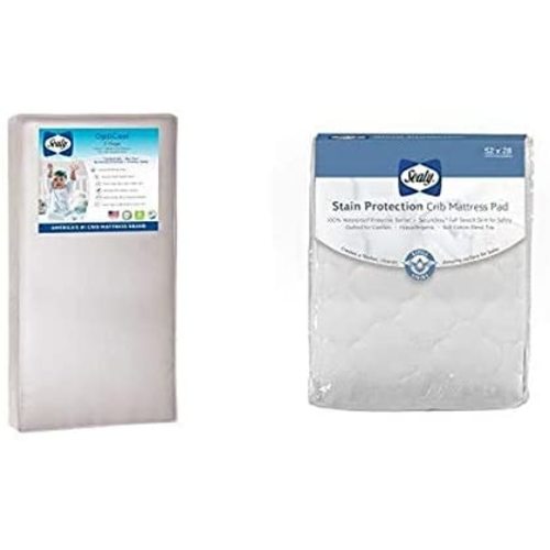 Sealy Baby OptiCool 2-Stage Dual Firmness Waterproof Standard Toddler & Baby Crib Mattress and Stain Protection Waterproof Fitted Crib Mattress Pad