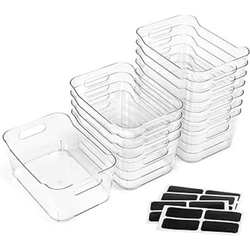 12 PACK Multi-Use Clear Plastic Storage Bins for Organizing w/ Labels - Home, Kitchen, Bathroom, Office, Pantry Cabinet Shelf Organizer Bins - SOHO Collection, RV, Fridge Organization Containers