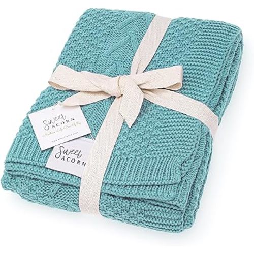 Knit Baby Blanket in Cable Pattern, Organic Cotton Blankets for Crib or Stroller, Receiving Blankets - Ocean Teal