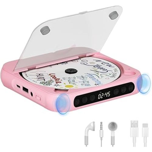 Portable CD Player with Bluetooth, Rechargeable CD Player for Home/Car, Built-in HiFi Speakers, Headphones, LCD Screen, Supports CD/AUX/USB and Repeat Modes, Pink