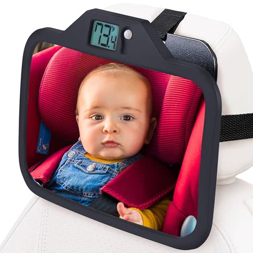 Thermomirror - Baby Car Mirror with Temperature Display, Car Seat Mirror for Baby Rear Facing, New Born Essentials Must Haves, Infant Car Seat Mirror for Baby Travel Gear - Wide Angle (Black)
