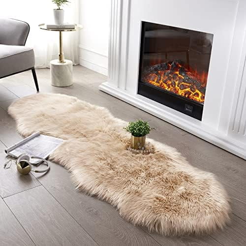 Ultra Soft Fluffy Rug Beige Faux Sheepskin Fur Area Rug Shaggy Couch Cover Seat Cushion Furry Carpet Beside Rugs for Bedroom Floor Sofa Living Room Runner 2x6 Feet Beige