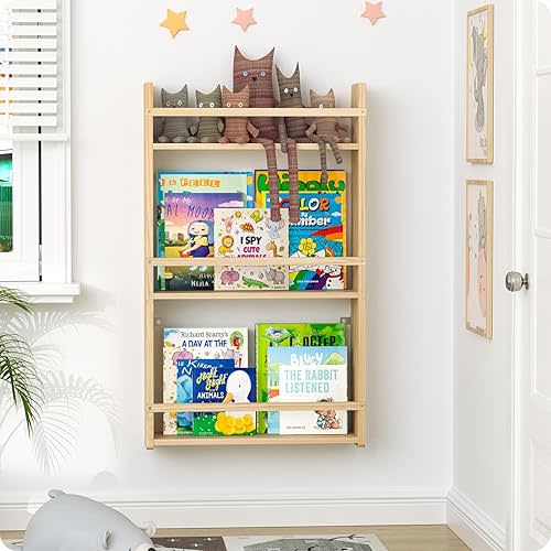 Wall Bookshelf for Kids 3-Tier, Floating Book Shelves for Nursery, 16.5 inch Kids Bookshelf Wall for Books and Toys in Bedroom, Living Room and Nursery. (Natural Color, 3 Tier)