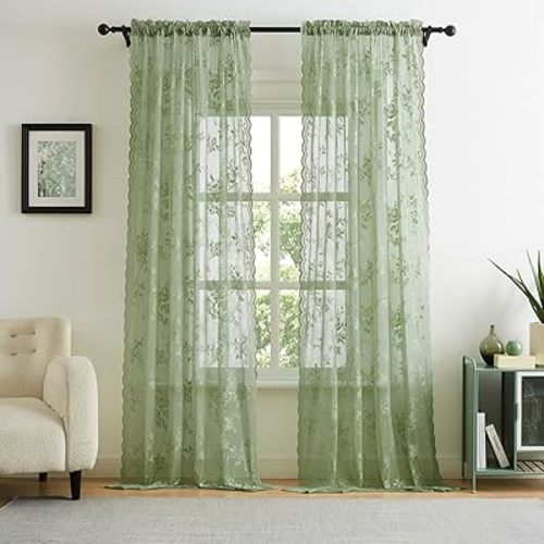 Sage Green Lace Curtains 84 Inches Long Country Rustic Floral Sheer Curtains for Living Room Bedroom Spring Drapes Rod Pocket Light Filtering Light Green Lace Curtains for Dining Room Decor, 52x84