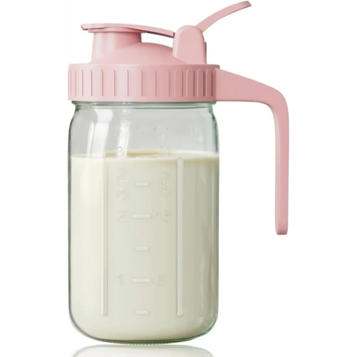 VA1KENE Breast Milk Storage Pitcher, 32oz Pink Glass Mason Jar, Wide Mouth with Airtight Lid and Spout