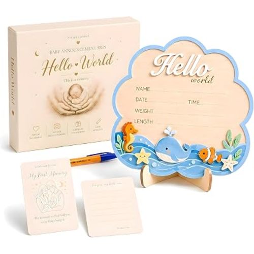 Welcome Baby Sign – 3D Wooden Birth Baby Announcement Sign with Whimsical Ocean Friends, Waves & Sea Life Details for Hospital Pictures, Nursery Keepsakes & Sweet Newborn Photo Props