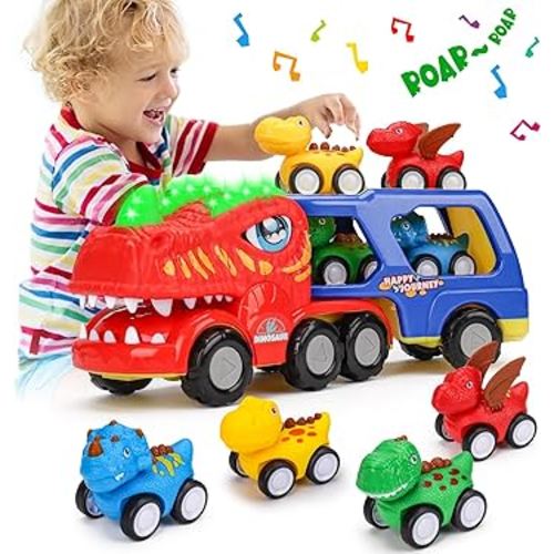 Toddler Car Toys for 1 2 3 4 Year Old Boy Birthday Gifts 5-in-1 Dinosaur Transport Trucks for Toddlers 1-3 with Dino Sounds & Lights Dinosaur Toys for Kids Boys Girrls 2-4 3-5 Christmas Birthday Gifts