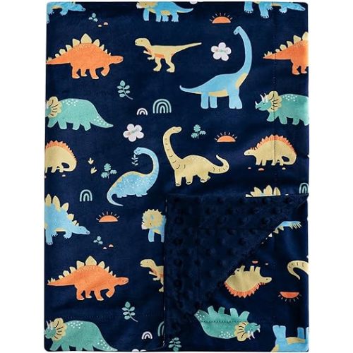 PHF Minky Baby Blanket for Boys, 30x40 Inches Soft Double Layer Baby Blankets with Dotted Backing, Receiving Blanket Bed Throws for Newborn, Infant, Babies, Navy Dinosaur