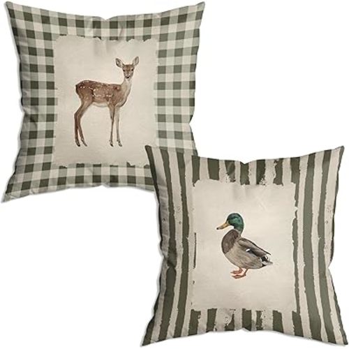 Vintage Checkered Deer Striped Mallard Duck Pillow Covers 18x18 Set of 2, Housewarming Gifts,Rustic Cottagecore Animal Farm Field Pillow Covers Decor for Home Bedroom Living Room