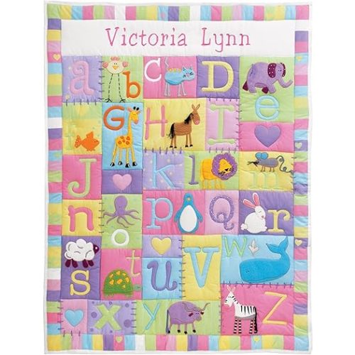 Let's Make Memories Personalized Baby Quilt - 3D Applique & Embroidered Name - Heirloom Keepsake for New Baby - Textured Details - Alphabet & Animals - Nursery Decor - Baby Shower - 42x32 - Pastel
