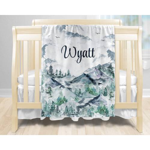 Personalized Baby Boy Blanket - Woodland Baby Name Blanket | Custom Newborn Baby Shower Gift, Forest Mountains Blanket for Kids Toddlers