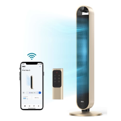 Dreo - 120°Oscillating Bladeless Fan for Bedroom, 25dB Quiet DC Motor, Standing Fan with Remote, 12 Hyper Wind Speeds - Gold