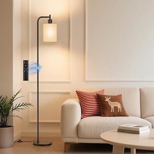 Floor Lamp with Linen Shade, Dimmable Tall Standing Lamp with Remote Control & 3 Color Temperatures, Modern Floor Lamps for Living Room Bedroom Office Corner, 9W LED Bulb Included