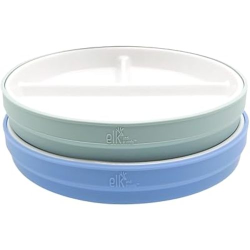 Elk and Friends Kids 7.8” Porcelain White Plates with Silicone Sleeves | Divided Plates | Suitable for Kids/Toddlers | Microwave & Dishwasher Safe | Non Slip | Snack Dishes…