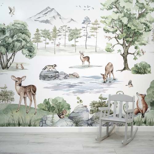 Deer Forest - Woodland Animals and Trees Watercolour Illustration Wallpaper Mural