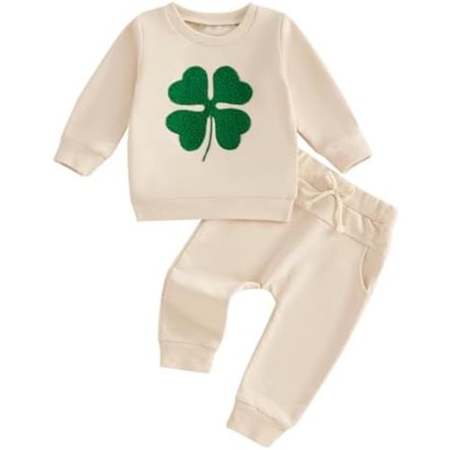 Toddler Baby Girl St. Patricks Day Outfit Little Lucky Charm Letter Ruffle Sweatshirt Four Leaf Clover Pants 2Pcs Set