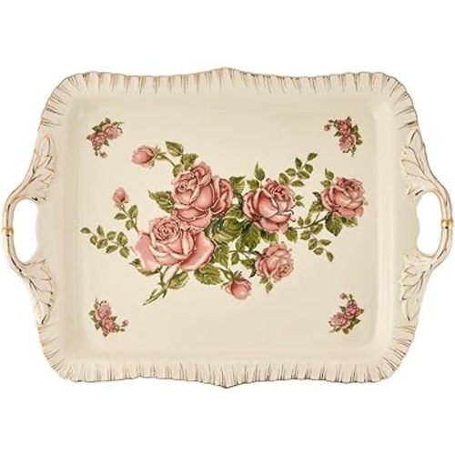 YOLIFE Ivory Serving Tray, Ceramic Floral and Gold Leaves Decorative Platter for Tea Party 15 X 11 inch (Pink Rose)