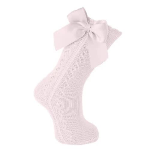 Soft Pink Scottish Yarn Openwork Bow Knee High Socks – Southern Style